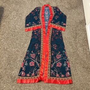 3568 ASA Kaftans Blue Red  Floral Satin Trim Kimono Open Front Robe One Size